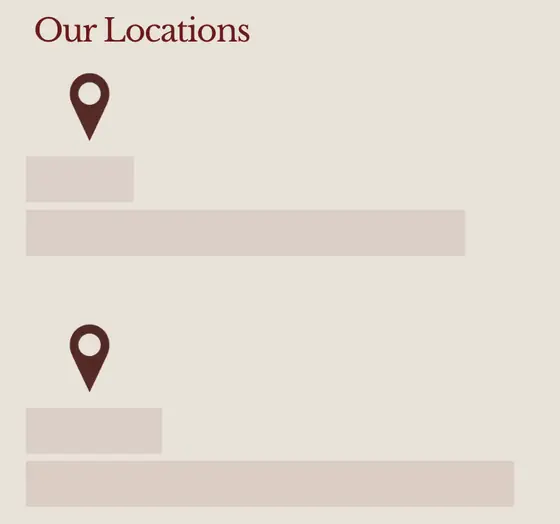 From the sample: the shop's contact page, with two map pins and the store names and addresses blurred.